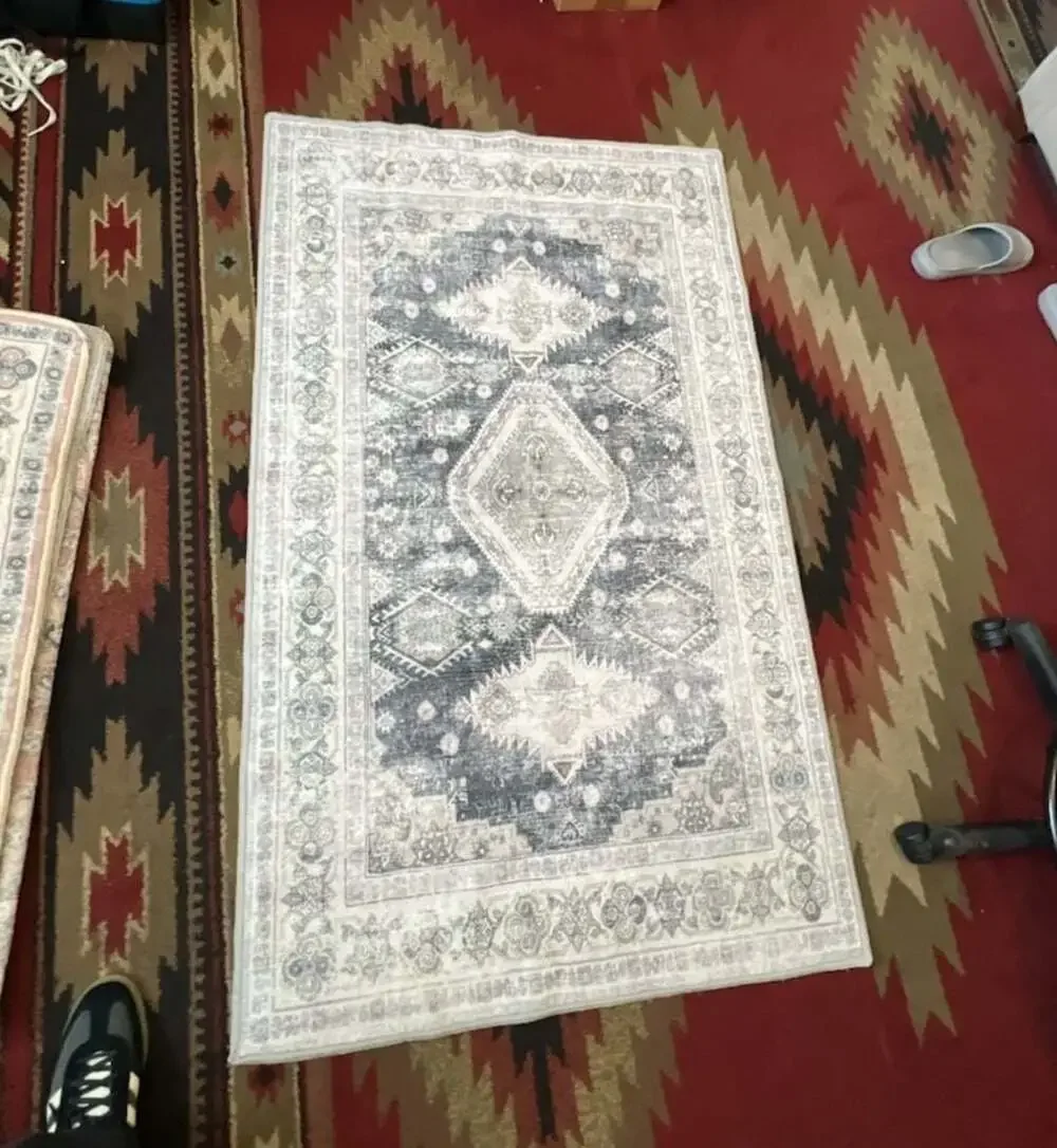 NOTASA Washable Boho Area Rug, Vintage Grey and White Oriental Patterned Floor C
